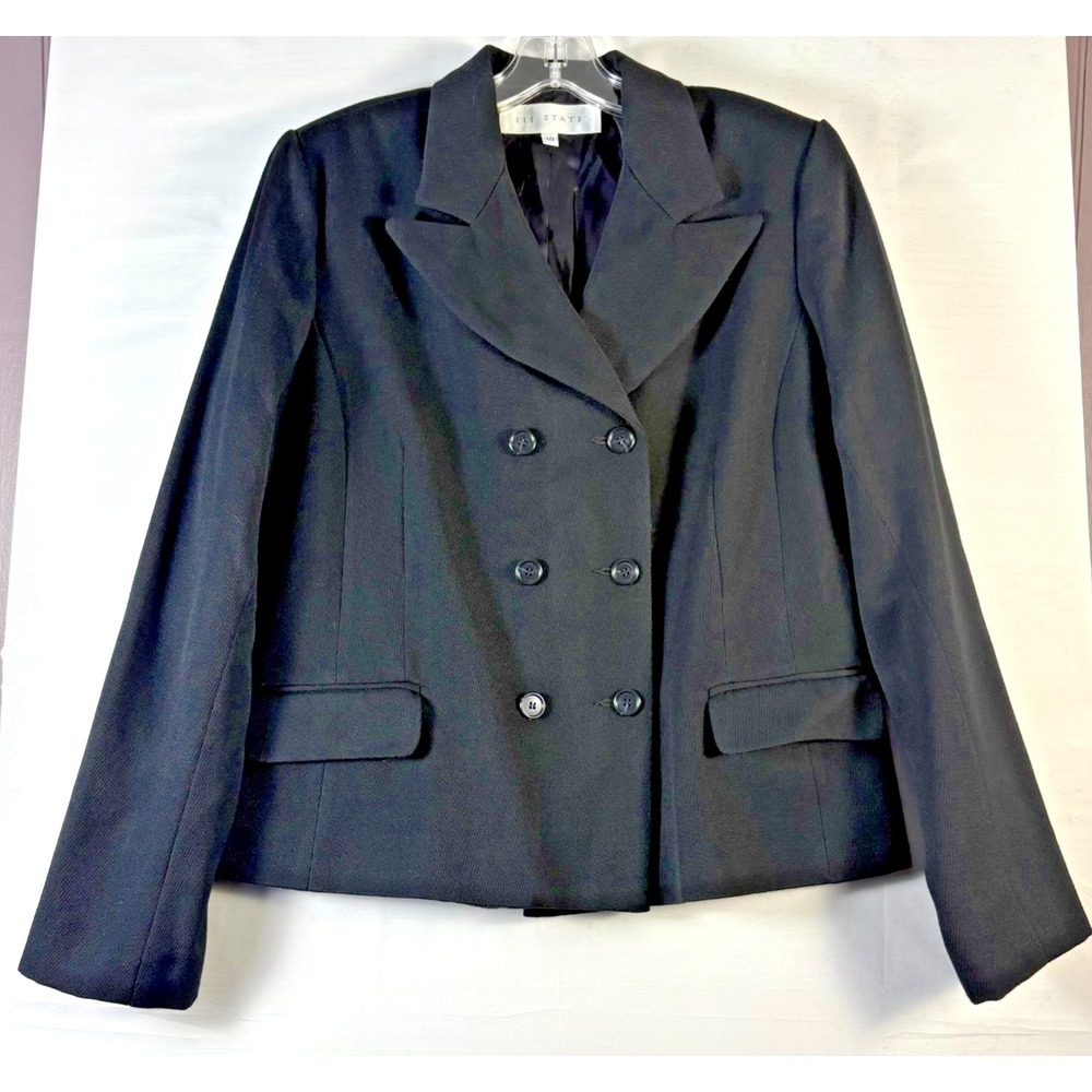 111 State womens wool jacket waist length black double breasted lined size 10